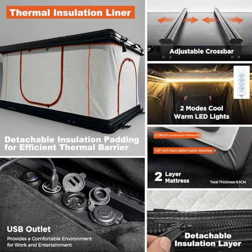 JIADROOE Hard Shell Roof Top Tent with Adjustable Crossbars, 4-Season Waterproof Pop-up Tent with Detachable Thermal Insulation Liner, Anti-Condensation Mat & USB Power Hub for Trucks, SUVs, Vans