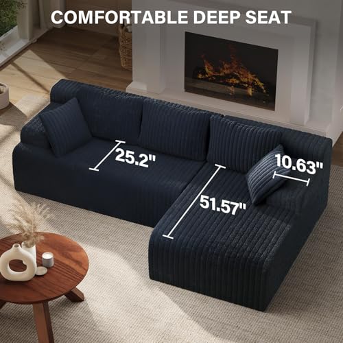 Image of LAUSAINT HOME 96 inch Modular Sectional Sofa Couches, L-Shaped Boneless Cloud Sofa with 3 Deep Seat, 5 Cushiones Oversized Chaise for Living Room, Bedroom, Plush Corduroy Fabric (Right, Navy Blue)