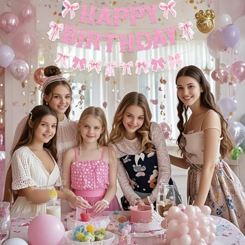Image of Pink Bow Happy Birthday Banner for Coquette Party Decorations Bow Garland Bunting for Girls Party Decor Favor Supplies