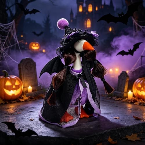 7 Inch Desk Goose Outfits, Halloween Desk Goose Outfit Clothes Accessories with Witch Hat, Braid Wig, Bat Wings, Mesh Cape, Purple Cat Top, Funny Seasonal Costume for Fall Decor, Figurine Not Included