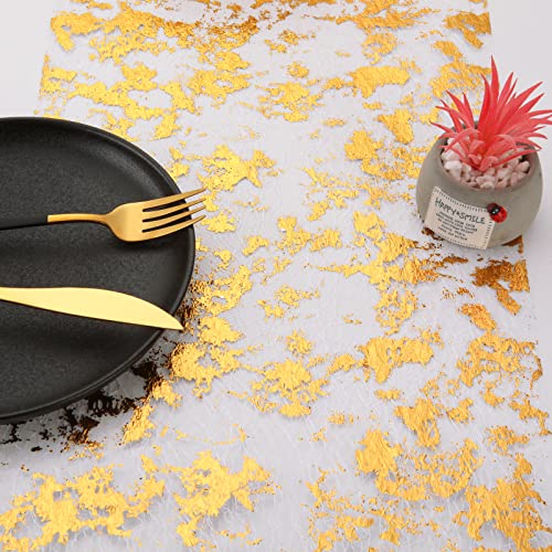28CMx20M Chemin de Table Or, Ruban de Table Métallisé Doré - 100% Polyester, Chemin Table Filet pour Dîner aux Chandelles, Fête, Anniversaire, DIY, Emballage, Mariage, Noël