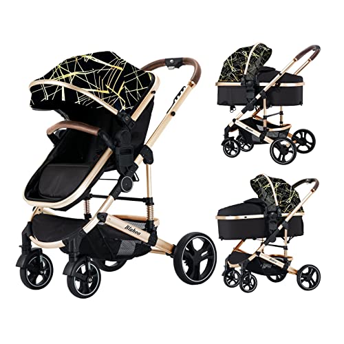 Image of Blahoo Baby Stroller for Newborn, 2 in1 High Landscape Stroller, Foldable Aluminum Alloy Pushchair with Adjustable Backrest. Bassinet Stroller Black(Gold Stripe)