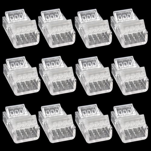 Kyuionty 12 Pcs 4-Pin 10mm LED Strip to Wire Connector, Solderless RGB LED Strip Lights Adapter Connectors for Strip Light Unwired Gapless Track Connector 5v 12v 24v (Transparent)