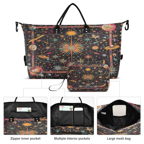 Black Celestial Zodiac Symbols Travel Duffel Bags with Toiletry Bag for Travel Gym Yoga Weekender Bag2