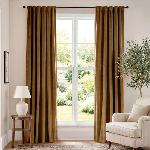 Lazzzy Velvet Blackout Curtains Thermal Insulated Room Window Drapes Super Soft Luxury Curtains for Living Room Bedroom Rod Pocket 2 Panels, Gold Brown, 52' W x 84' L