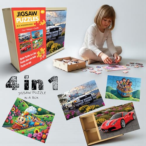 Image of Wooden Vehicle Jigsaw Puzzle Set for Kids (3+ Years) | 4-in-1 Transport Theme Puzzles with Wooden Storage Box | Educational & Screen-Free Learning Toy