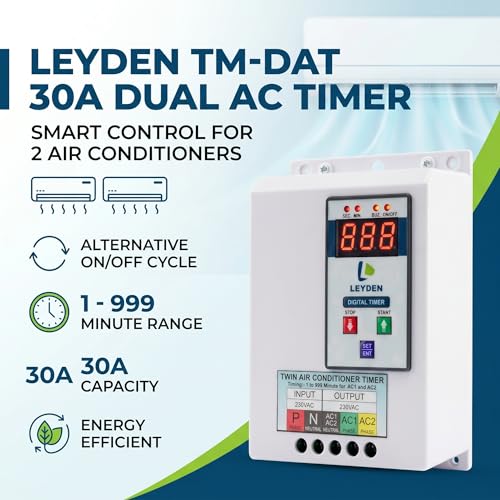 Image of LEYDEN TM-DAT 30A, 220VAC, 1-999 Minutes on Off Digital Timer Switch for Dual AC Timer Switch for 2 Air Conditioner for Energy Saving (1-Year Warranty)