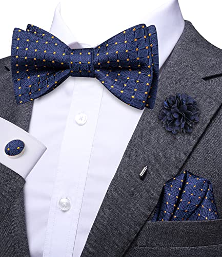 Image of Hi-Tie 5Pcs Mens Solid Color Silk Tie Satin Pretied Bowtie Lapel Pin for Men Handkerchief Cufflink Wedding Gift Box