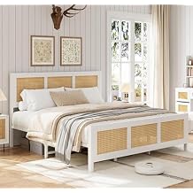 Rattan Bed Frame with Headboard, Full Size Bed Frame with Strong Metal Slats Support, Noise-Free Design, No Box Spring Needed, White