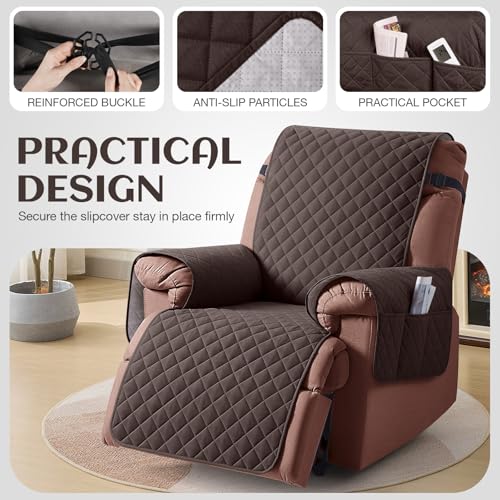Image of KinCam 100% Waterproof Recliner Chair Cover, Reclining Couch Covers for Pets, Dogs, Recliner Couch Slipcover Furniture Protector with Elastic Straps for Kids(28 inch, Chocolate)