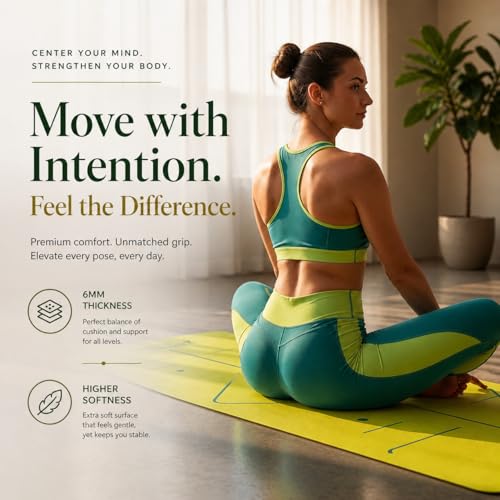 Image of Fitness Mantra TPE Yoga Mat for Women & Men | Anti-Slip Alignment Design | Premium Cushioning Exercise Mat for Yoga, Gym & Workout | Lightweight & Durable | 6mm Thickness |AlignFlow| Lime Green|