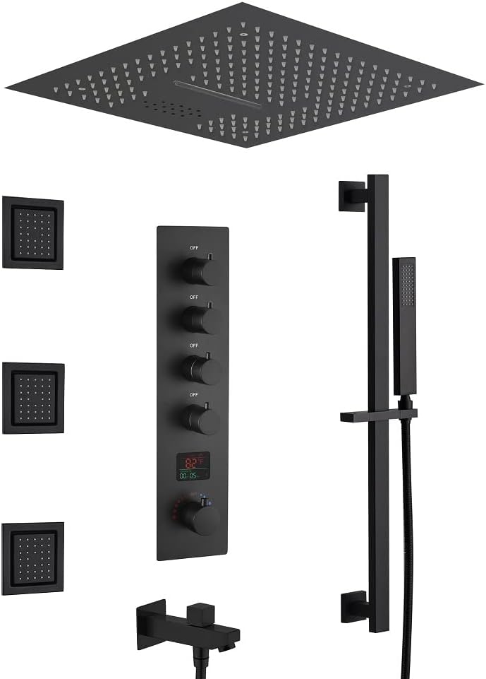 Cascada Luxury 16” LED Shower System with built-in Bluetooth Speaker, 4 Functions (Rainfall, Waterfall, Body jets & Handheld) & Remote Controller for LED Color Changing (Polished Stainless Steel)