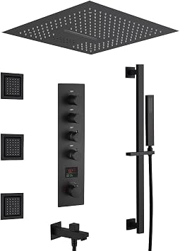Cascada Luxury 16 LED Shower System with built-in Bluetooth Speaker, 4 Functions Rainfall, Waterfall, Body jets & Handheld & Remote Controller for LED Color Changing Matt Black