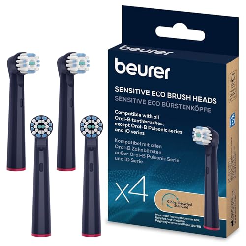 Beurer TB Sensitive Eco Cepillos de recambio para cepillos eléctricos, 4 cabezales para Oral B, cerdas fabricadas con materias primas 100% renovables, limpieza dental suave, grado de dureza blando