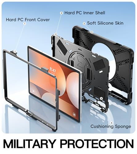 Image of BRAECN Case Galaxy Tab S10 Plus / S9 Plus / S9 FE+ / S8 Plus / S7 Plus / S7 FE | 12.4 inch Shockproof Heavy Duty Full Body Protective Cover with Hand Strap & Kickstand, Shoulder Strap, S Pen Holder Black