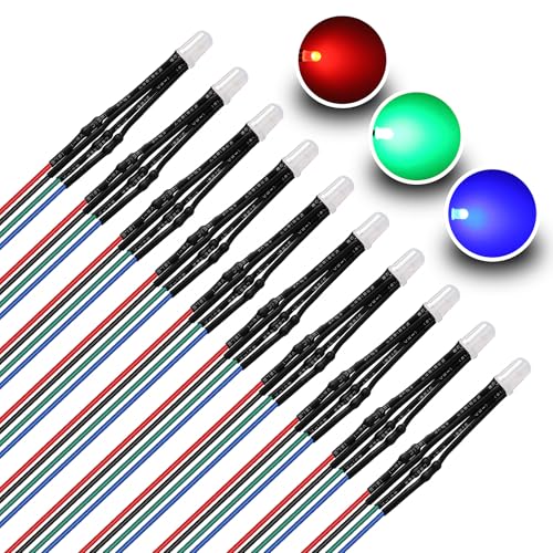 YIXISI 10 Piezas 5mm 12V LED Diodo Emisor de Luz Pre Cableado Cátodo Común, 4 Pin Tricolor Diodos Emisores, Luces de Diodo Precableadas LED RGB Difuso, para Arduino