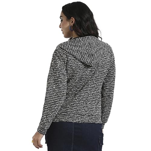 Image of PINACOLADA Women's Grey Zip-Front Horizontal Striped Hoodie for Casual Wear | Hooded Neck | Long Sleeve | Zipper Closure | Cotton Sweatshirt Crafted with Comfort Fit for Everyday Wear