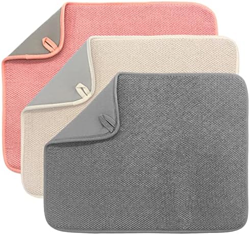 Microfiber Dish Drying Mat,Ultra Absorbent Drying Mat for Kitchen Counter,Dishes Drainer Pads 3 Pack,Large Size 20''X 15''(Beige/Grey/Pink)