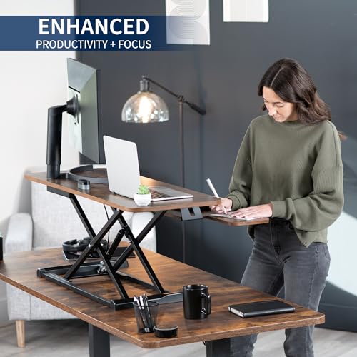Image of VIVO 42 inch Desk Converter, K Series, Height Adjustable Sit to Stand Riser, Dual Monitor and Laptop Workstation with Wide Keyboard Tray, Rustic Vintage Brown Top, Black Frame, DESK-V042KN