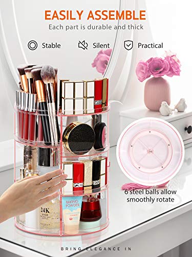 Image of Syntus 360 Rotating Makeup Organizer, DIY Adjustable Bathroom Makeup Carousel Spinning Holder Rack, Large Capacity Cosmetics Storage Box Vanity Shelf Countertop, Fits Makeup Brushes, Lipsticks, Pink