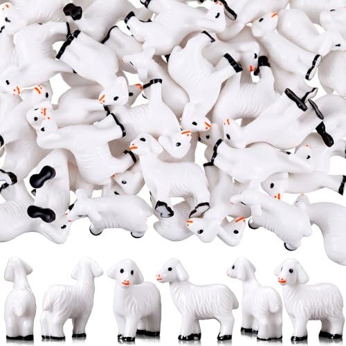 Amyhill 50 Pcs Mini Resin Lambs Tiny Goat Figurines Miniature Sheep Small Farm Animals Bulk for Spring Summer Christian DIY Micro Craft Planter Terrarium Garden First Communion Home Decor (Ivory)