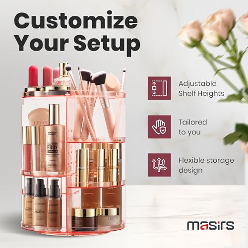 Image of Masirs Rotating Makeup Organizer for Vanity, Large 360 Spinning Cosmetic & Skincare Organizer, Adjustable Shelf Height, Perfume Stand, Countertop Storage for Bathroom or Bedroom, Pink
