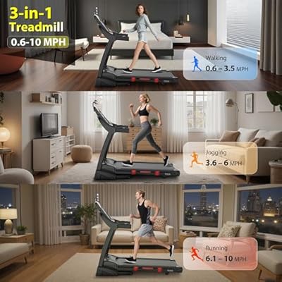 3-in-1 Folding Treadmill for Home 10mph, 4.8HP Running Treadmills with 15% Auto Incline, 400lbs Capacity, 64+3+3+1 Programs, 18'' Wide Deck, Brushless Fan & Knee Support Included