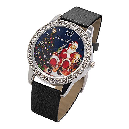 Relojes de Navidad, Cuero Reloj de Cuarzo de Pulsera de Moda para Mujeres Mamá Novia y Niños (Negro)