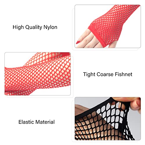COSFAN 2 works Fishnet Gloves Women Fingerless Long Gloves Elastic Mesh Glove 1920s Hollow Gloves for Evening Party Halloween (Red) - Image 3