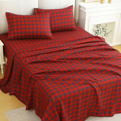 Image of MUXHOMO TwinXL Size 4 Piece Sheet Set, Soft Breathable Bed Sheet Set for Bedroom with Deep Pocket Up to 16 inch, Wrinkle-Free & Cooling Bedding for Oeko-TEX Certified - Red Plaid