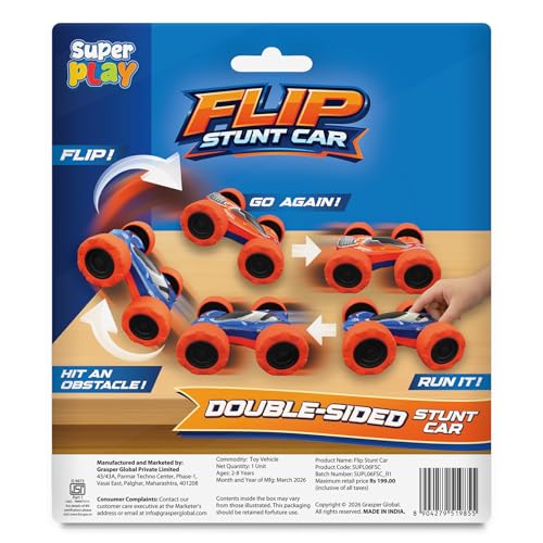 Image of SUPERPLAY Flip Stunt Car Toy for Boys, Double-Sided Toy Car with Big Wheels | Push & Go Friction Powered Car, No Battery Vehicle Toy, Return Gift for Kids Ages 2-8