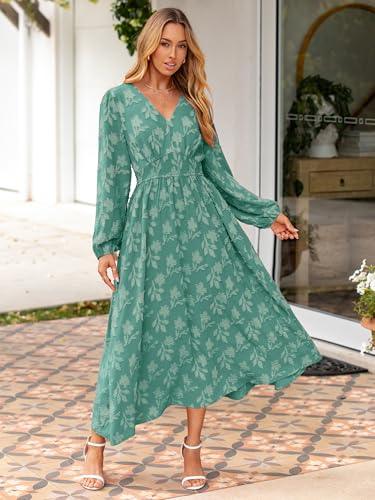 Image of Simplee Womens Boho Floral Long Sleeve Maxi Dress V Neck Empire Waist Fall Wedding Guest Dresses with Pockets