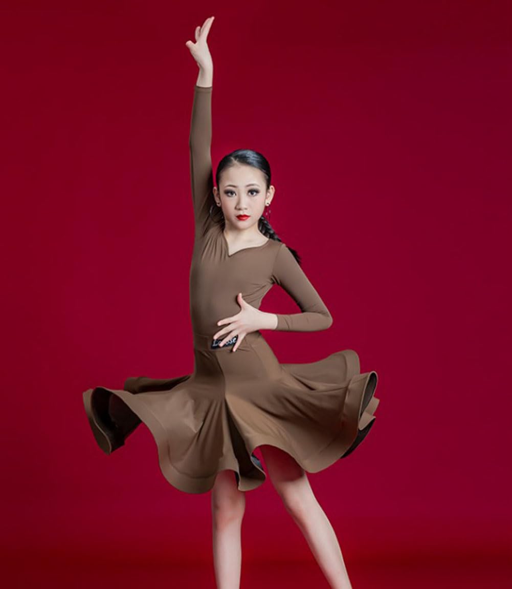 dziewczęce sukienki tańca towarzyskiego w stylu latynoskim,stroje taneczne Tango Salsa Rumba Samba,moda dziecięca z długim rękawem spektakl taneczny praktyka ubrania konkursowe,Brown,M