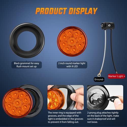 Image of Nilight 2 inch Round Marker Light 2PCS Amber 9LED Clearance Lights Flush Mount | With Plug Grommet Pigtail Hardwired For 12V Truck Trailer Tractor Buses Vans Boat Mechanical Safety Lighting