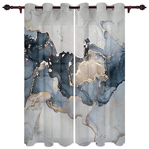 Home Decor Window Curtains - Window Treatment Set With Silver Grommet Marble Gold Blue Grey, Window Covering For Kitchen Cafe Living Room Abstract Ink Painting #TOP22