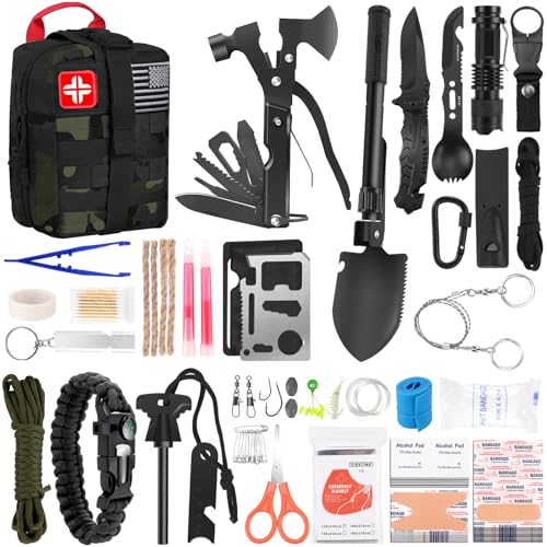 Kit de primeros auxilios de supervivencia, kit de trauma de emergencia para automóvil con herramientas de supervivencia de grado militar, suministros médicos y equipo de pesca, para camping, viajes