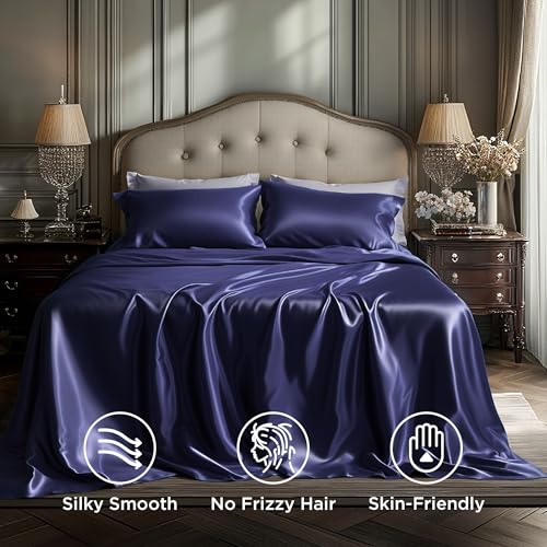 Image of Bedsure Navy Satin Sheets Full Size, Soft Silky Bedsheets for Hair & Skin | Similar to Silk Bed Sheets Set 4 Piece with 15 Inches Deep Pocket Fitted Sheet,1 Flat Sheet, 2 Satin Pillowcases