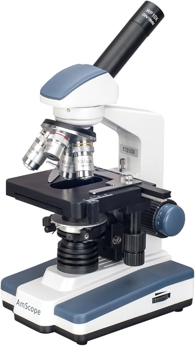 AmScope M620B Compound Monocular Microscope, WF10x and WF20x Eyepieces, 40x-2000x Magnification, Brightfield, LED Illumination, Abbe Condenser, Mechanical Stage, 110V