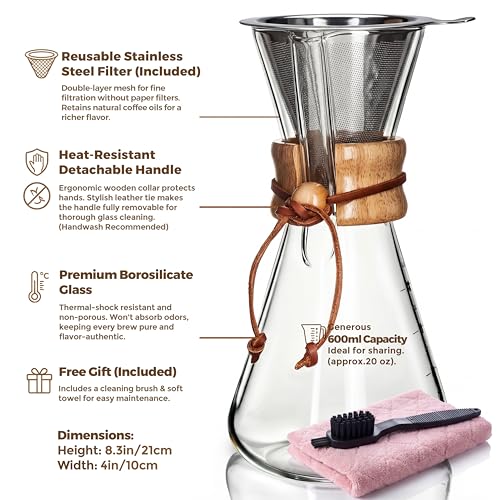 Image of AGOGO Pour Over Coffee Maker Set, 20oz Slim Style, 304 Stainless Filter | Barista kit for home kitchen, Cafe, Camping & Office; 20oz-40oz Classic, Slim, Diamond styles; Includes brush & towel.