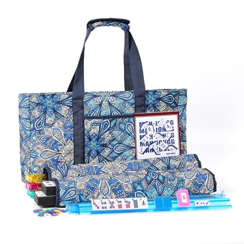 Kyerlish American Mahjong Tile Set with Blue Printed Carrying Bag, 166 Premium Tiles, 4 All-in-One Color Racks/Pushers, Mah Jongg Sets, Mahjong Game Set for Travel, Christmas, Birthday Gifts