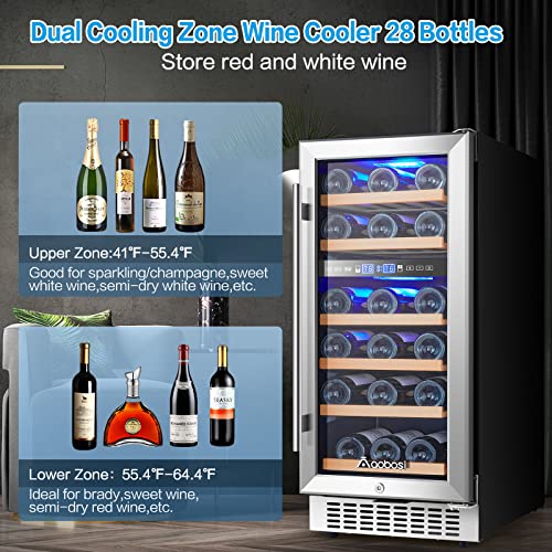 Aaobosi 15 Inch Wine Cooler Refrigerator, 【Upgraded】Dual Zone Wine Fridge 28 Bottles Built In Or Freestanding Compressor Cooler Wine Cellar With Temperature Memory, Fog Free, Front Vent,Safety Lock #TOP1