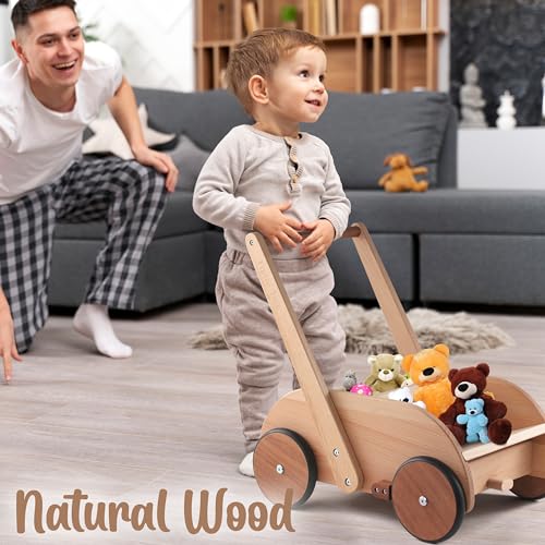Image of 2-in-1 Wooden Baby Walker with Sit-to-Stand Learning | with Adjustable Seat & Speed | Baby Walker Push Toy in Natural Wood for Babies 6-12 Months up to 3 Years for Infants and Toddlers