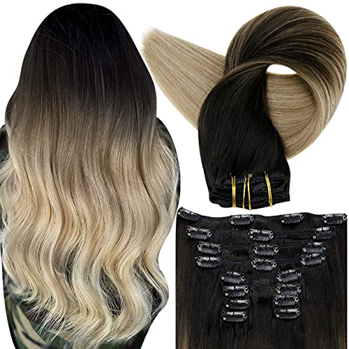 Fshine Clip in Human Hair Extensions 100 Gram 10 Pcs Hair Extensions Clip in Balayage 1B Off Black Fading to 8 Ash Brown and 22 Medium Blonde Dip Dyed Clip Hair Extensions 16 Inch Human Hair