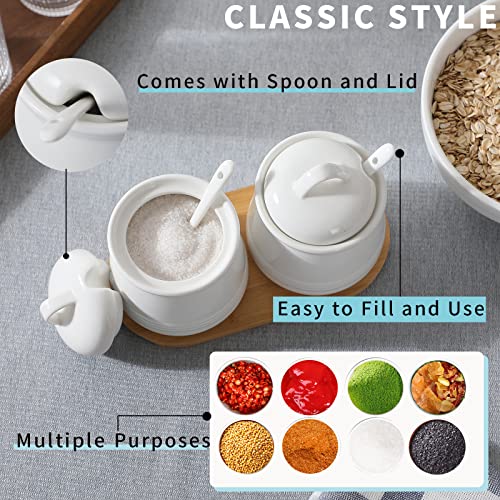 Haotop Ceramic Sugar Bowl 2 Pack, Porcelainjar With Tray, Spoon And Lid For Sugar, Pepper, Coffee, Spice, Salt, 12 Ounces (White) #TOP4
