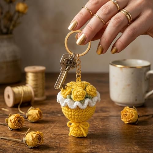 Image of Handmade Crochet Sunflower Keychain for Women & Girls, Cute Yellow Flower Key Ring Charm, Soft Yarn Knitted Gift, Bag Charm, Car Key Holder, Aesthetic Handmade Floral Accessory