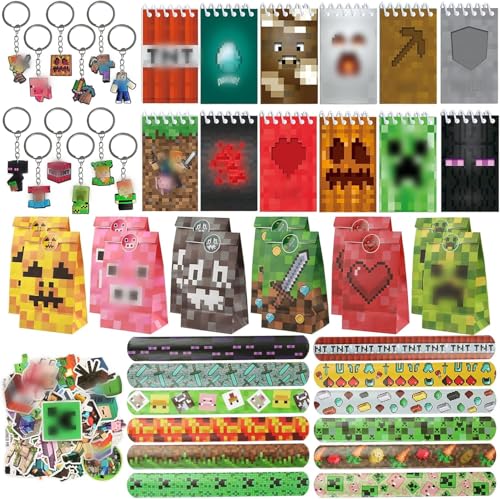 KEVRDRT 98 unidades Videogames festa aniversário de presente, Miner presentes festa para crianças, porta-chaves livres, autocolantes pulseiras bolsa presente, videojogos Miner artigos de festa