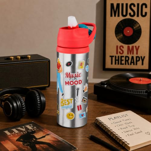 Image of Stainless Steel 600ML Sipper Water Bottle for Kids & Adults | Leakproof BPA-Free Gym Bottle with Flip Lid & Carry Handle | Music Print Design (Pack of 1, Orange)