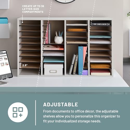 Safco Literature Organizer, 36 Compartments, Office and Classroom Mailbox with Adjustable Shelves, Wood Paper and Mail Sorter, Modern Gray