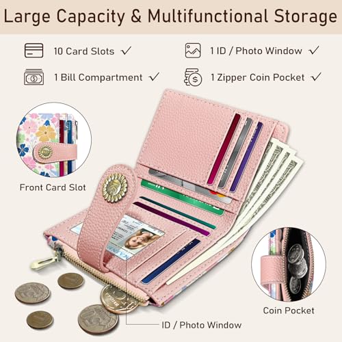 Image of Kelvoris Pastel Flower Floral Small Rfid Women Wallet Zipper Coin Pocket | Art Bifold PU Leather Compact Cash Credit Card Holder Travel Purse for Female Ladies Teen Girls 1 ID Window 10 Card Slots