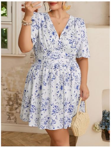 Image of Floerns Women's Plus Size Printed V Neck Short Sleeve Ruffle Hem Summer Short Dresses